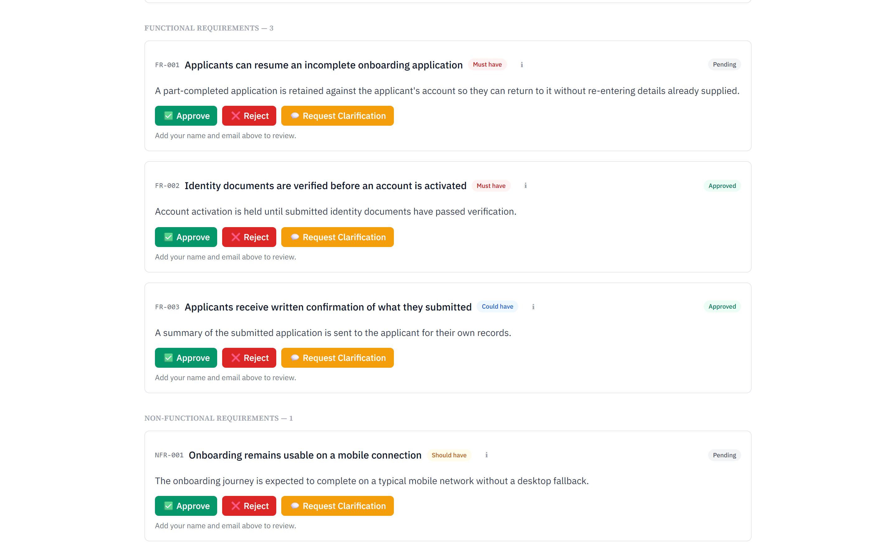 A stakeholder's view of four governed requirements, each showing its MoSCoW priority and approval status, with Approve, Reject and Request Clarification controls