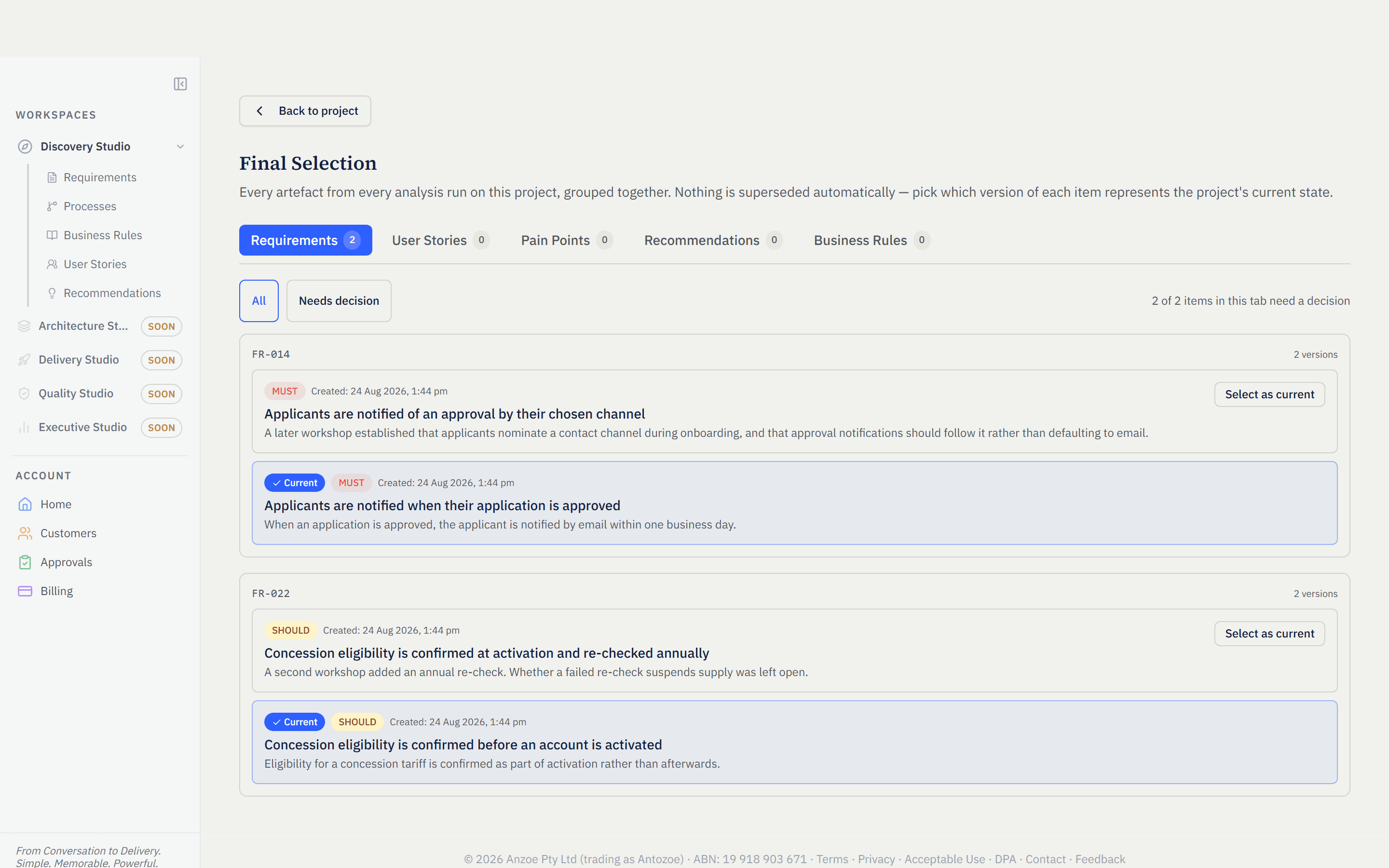 The Final Selection screen showing two requirements, each with two versions — the chosen one badged Current and the newer alternative offering a Select as current control