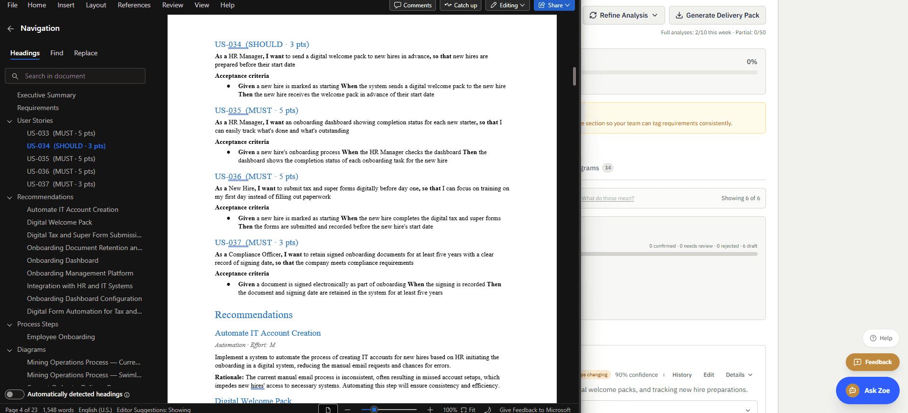 A Delivery Pack Word document showing exported user stories and recommendations
