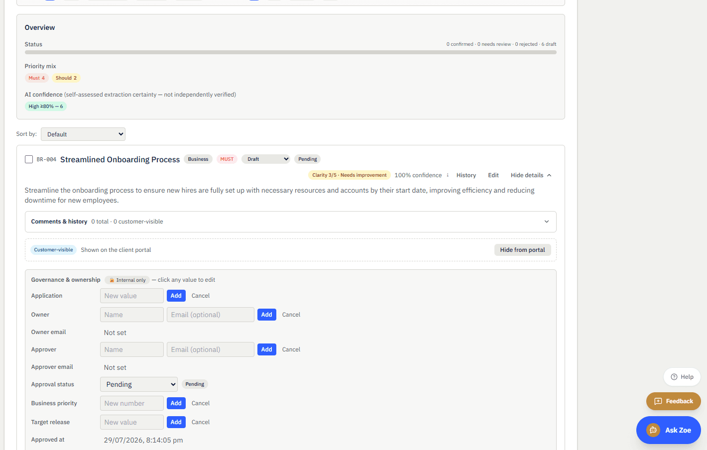 Governed business rule view — priority, clarity score, and approval status tracked in Antozoe