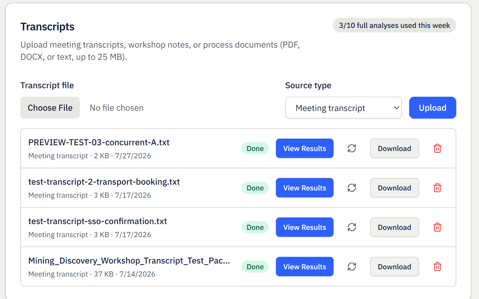 Selecting a transcript file to upload, with previously uploaded transcripts listed